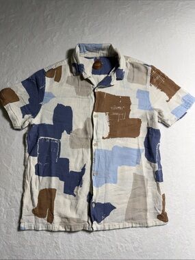 Common People Casual Textured Abstract Print Short Sleeve Shirt - Blue & Brown